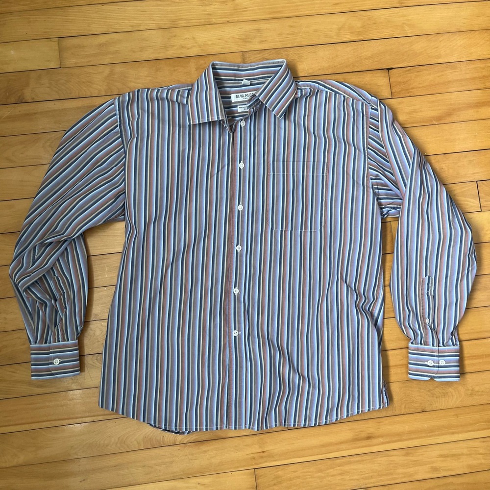 Balmain Paris Mens Striped Button Down Shirt Blue Brown Cotton L 16.5 34/35